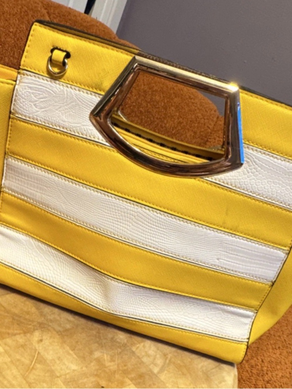 Source Unknown Yellow and White Striped Tote with Gold Handle